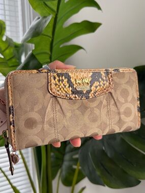 Coach Taupe Signature Wallet with Snakeskin-Trim Accents